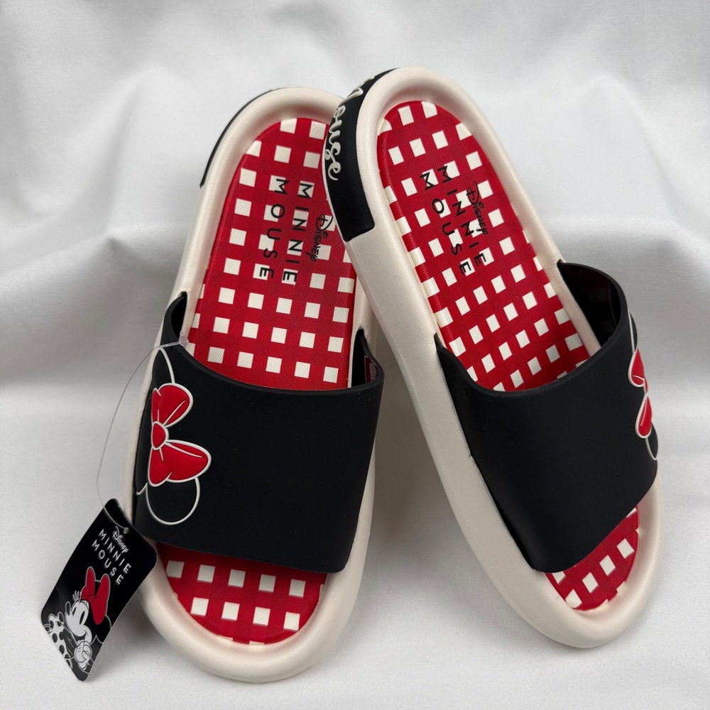 Disney Minnie Mouse Ground Up Women Black Gingham Slide Sandals Size 10 NEW
